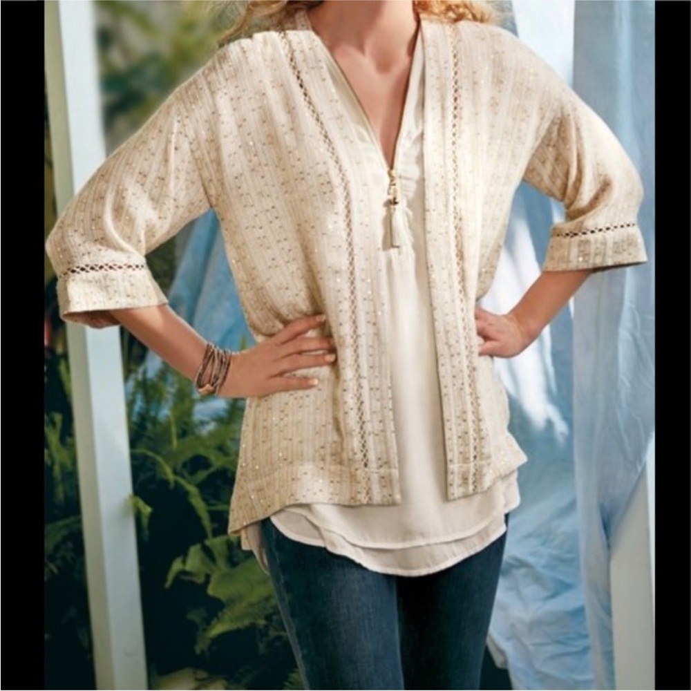 Soft Surroundings Soft Gold Glamour Topper Cardi L